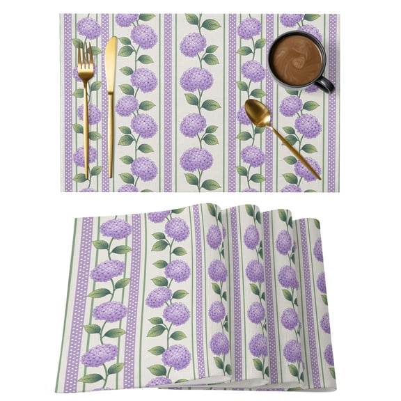 Purple Hydrangea Flowers Placemats Set of 6 Farmhouse Country Floral Striped Place Mats Indoor Wipeable Table Mats Washable Cloth Dining Table Placemats for Kitchen Holiday Party Decor 13x19 Inch