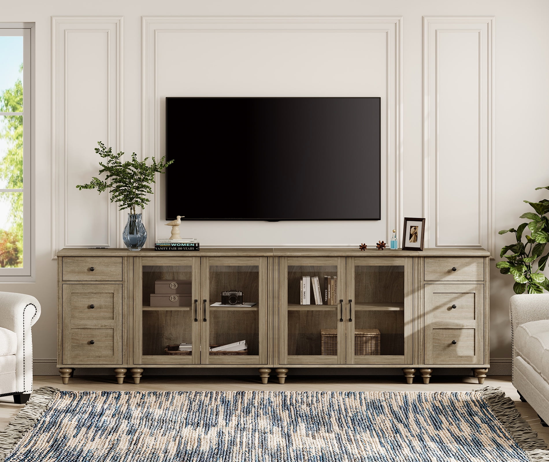 WAMPAT TV Stand for 100 Inch TV, TV Console Table for 85 90 95 Inch TV, Farmhouse Entertainment Center with Charging Station & Glass Door, Kitchen Sideboard Buffet Cabinet for Dining Room, Wash Grey