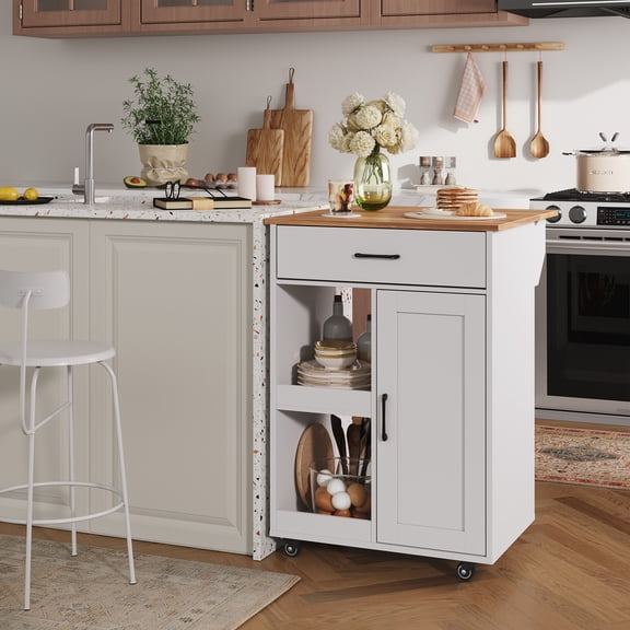 Multifunctional Rolling Kitchen Island Cart – Drop Leaf, Drawer, 2 Shelves – Microwave & Coffee Bar Organizer for Dining Room
