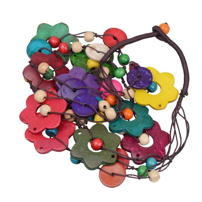 Handmade Multilayer Wood Beads Wintersweet Flower Strand Statement Long Necklace