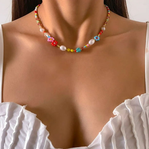 Baroque Simulated Pearls Cute Flowers Colorful Hand woven Beaded Short Clavicle Chain Choker Necklace For Women Girls Jewelry