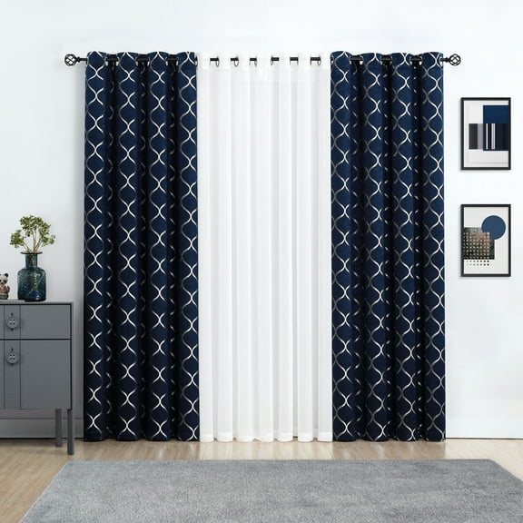 Pinewave Living Room Navy Window Curtains 84 inch 4 Pieces Set Mix and Match Silver Moroccan Blackout and White Sheers ,Grommet Top,52W"x84L"