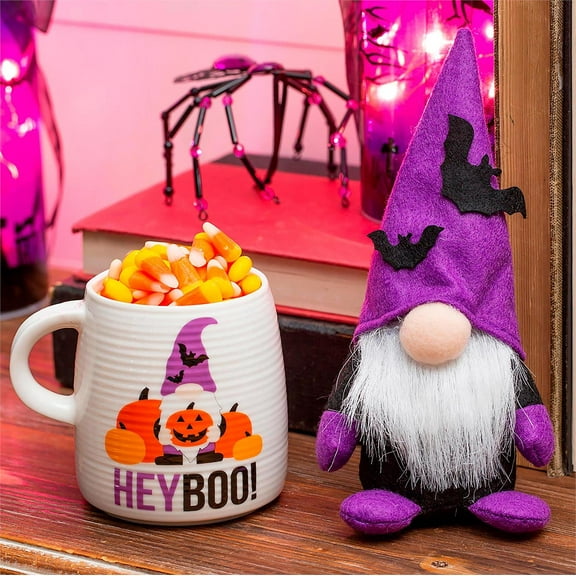 Ceramic Cup, 12 OZ, with 5" Plush Halloween Gnome, Hey Boo