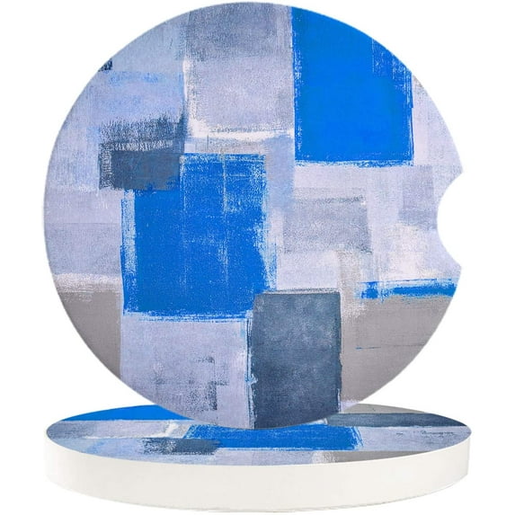 FMSHPON Geometric Abstract Oil Painting Style Blue Set of 6 Car Coaster for Drinks, Absorbent Ceramic Stone Coasters Cup Mat with Cork Base for Home Kitchen Room Coffee Table Bar Decor