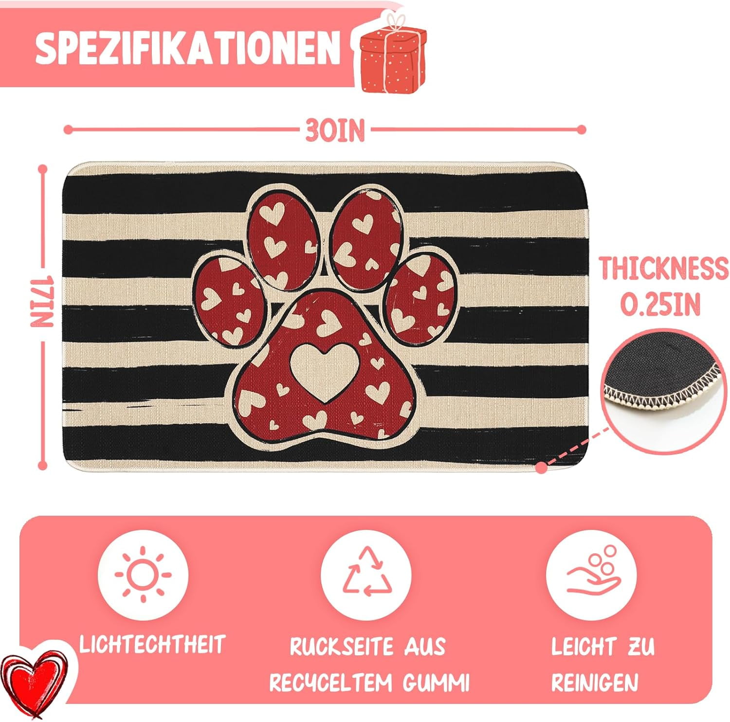Valentines Day Door Mat Paw Print Love Doormat Valentines Decor Kitchen Mats Home Party Wedding Outdoor Entrance Non-Slip Rubber Door Mats 30" X 17"