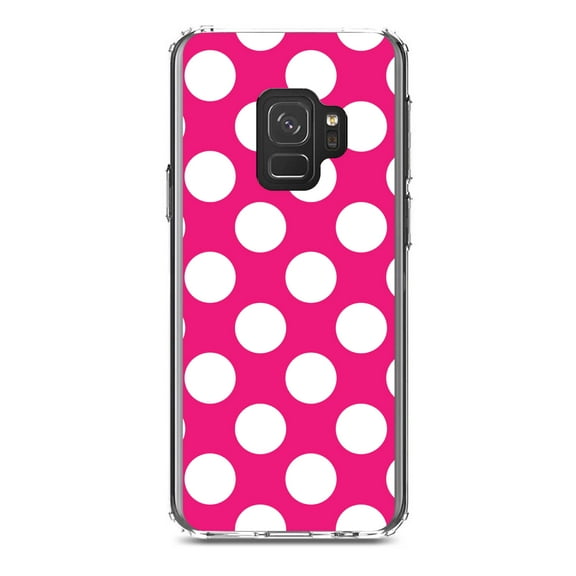 DistinctInk Clear Shockproof Hybrid Case for Samsung Galaxy S9 (5.8" Screen) - TPU Bumper, Acrylic Back, Tempered Glass Screen Protector - White & Hot Pink Polka Dots