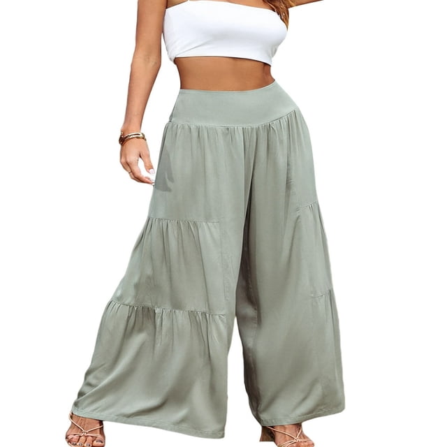 POINTERTECK Pantalons Larges Amples pour Femmes Taille Haute Couleur Unie Coupe Décontractée Plissée