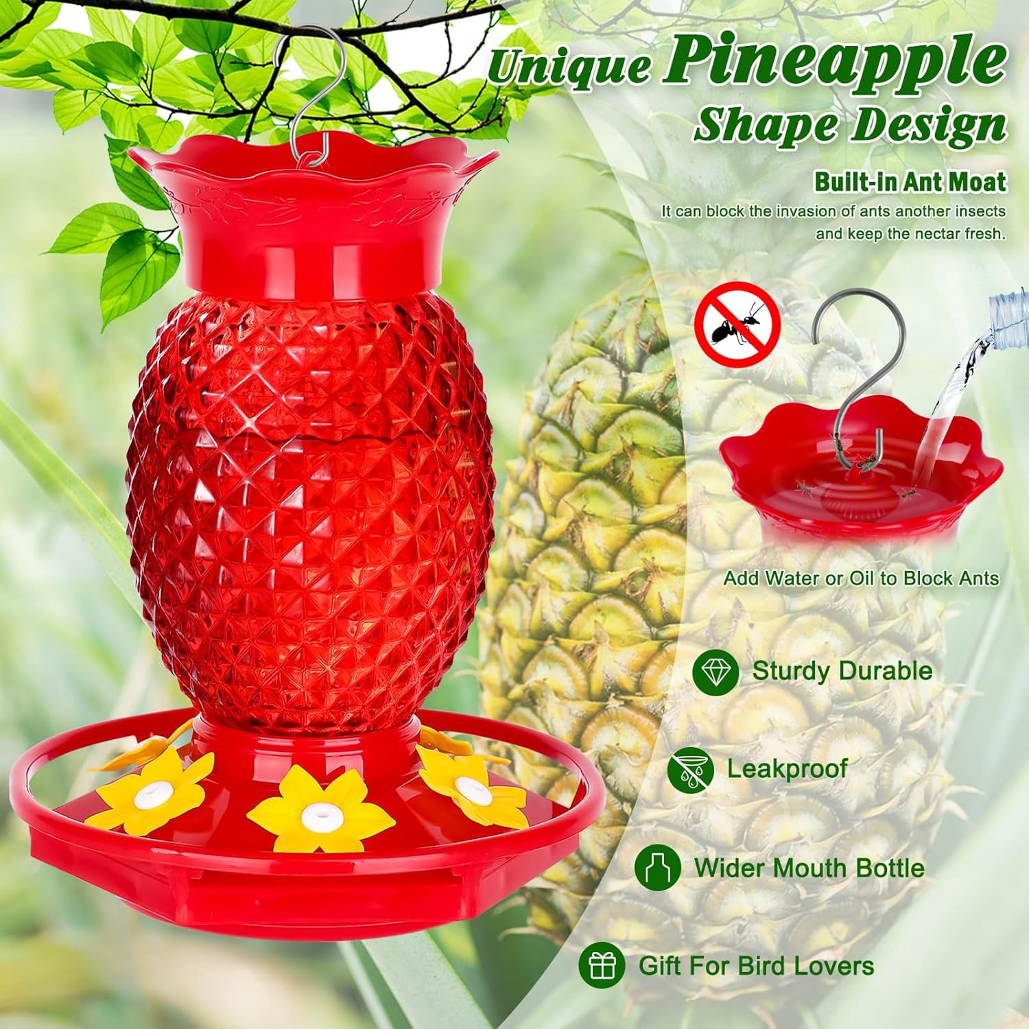 Glass Hummingbird Feeders for Outdoors Hanging 16oz 2 Pack Red Pineapple Bee & Ant Proof 360°Perch Leakproof Easy Clean with 6 Feeding Ports Gifts for Mom