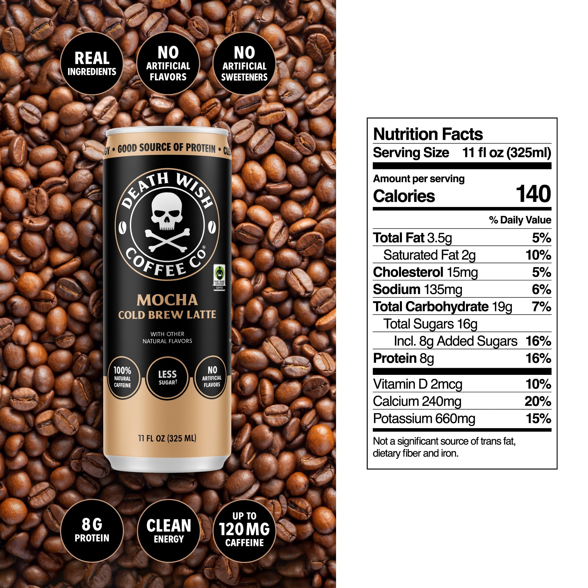 Death Wish Coffee Co., Premium Mocha Latte, 100% Colombian Cold Brew Fair Trade™ Coffee, 11 Fl oz Can, 12-pack