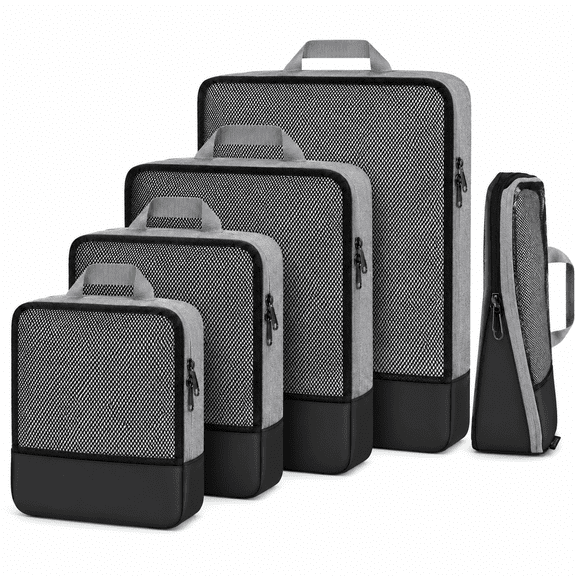 PLERISE 6-Pack Compression Packing Cubes, Expandable Travel Organizers with Half Mesh Panel, Nylon, Black, 14" x 10" x 4"