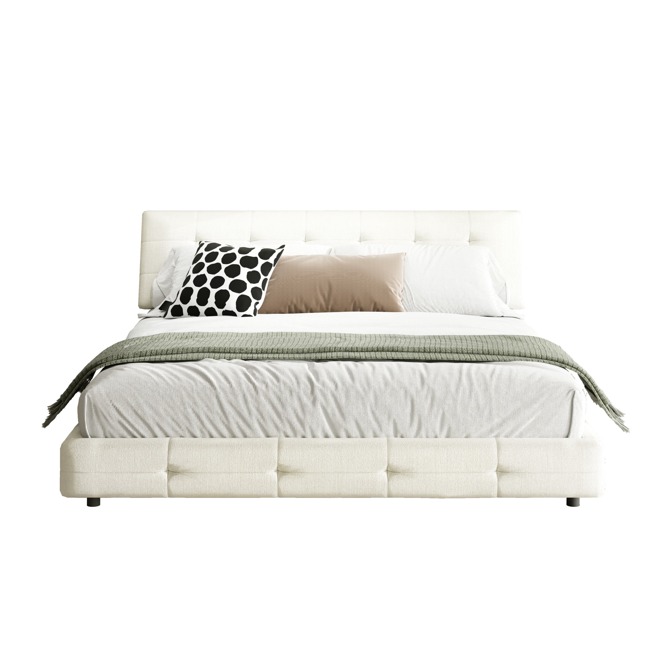 Noble House Corlen King Chenille Platform Bed Frame, Tufted Soft Cloud Pillow Headboard with Double Support, Beige