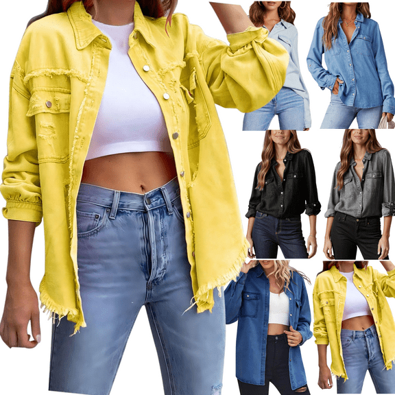 Xdegoge Denim Jackets for Women Oversized Button Down Long Sleeve Shacket Collared Casual Jean Shirts with Pockets Trendy Loose Dressy Fashion Work Blouses Streetwear At
