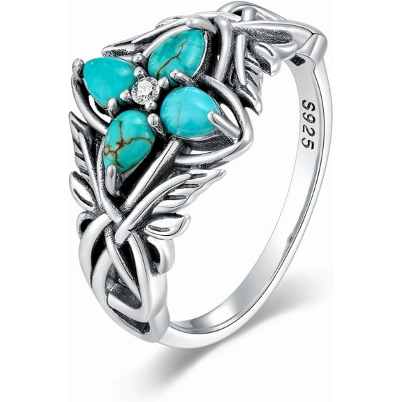 Natural Turquoise Ring for Women 925 Sterling Silver Turquoise Leaf Ring Western Oval Bohemia Jewelry Vintage Gift for Wife Mom US Size 6-8