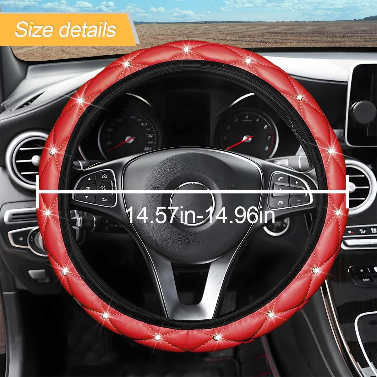 Diamond Soft Leather Steering Wheel Cover, 15 Inch Bling Elastic Steering Wheel Protector with Sparkly Crystal Rhinestones, Auto Accessories Universal for SUV, Truck, Van, Car (Red-1)