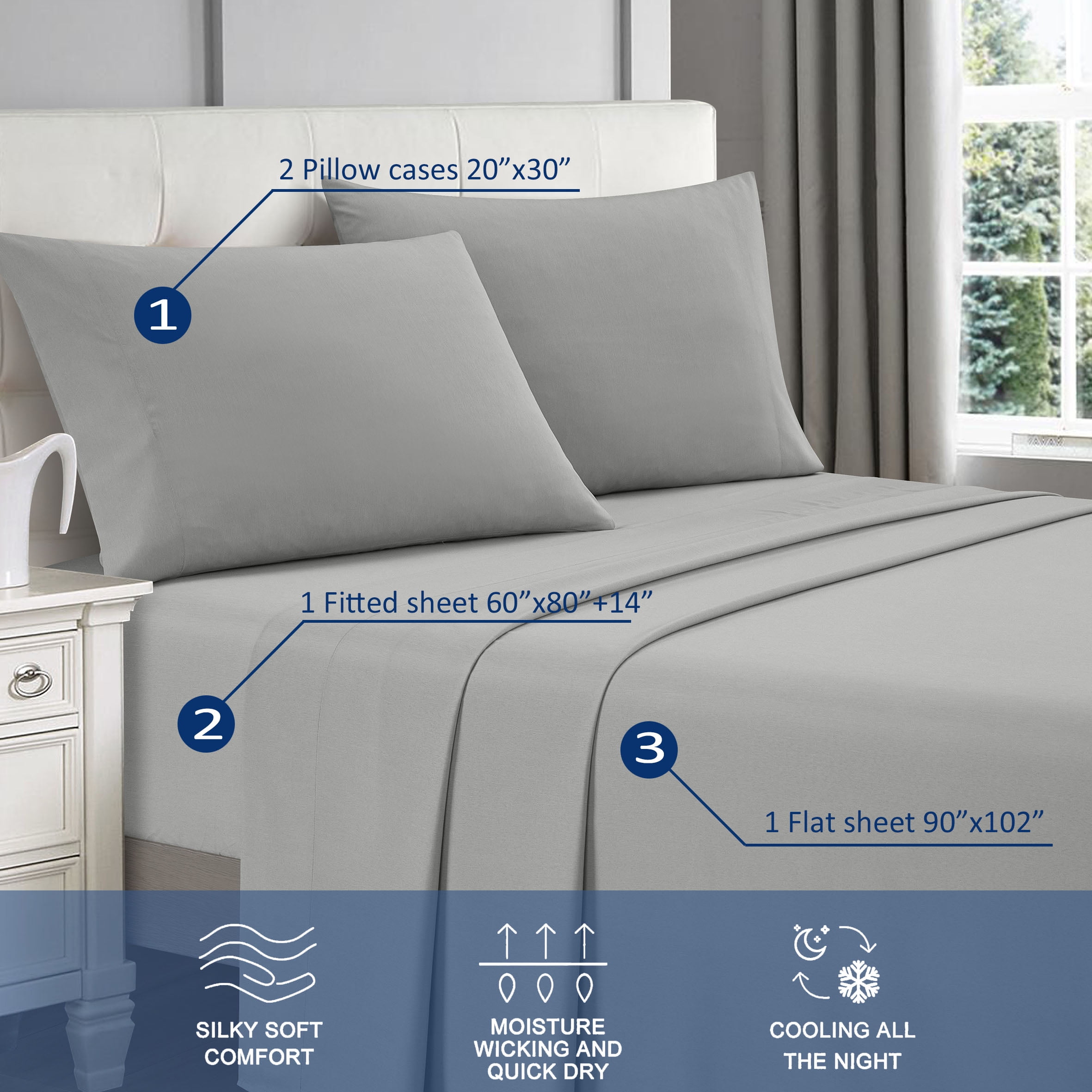 Lanco Premium 4 Piece Sheet Set, Bed Size: Queen, Bamboo Cooling, Solid Color, Light Grey