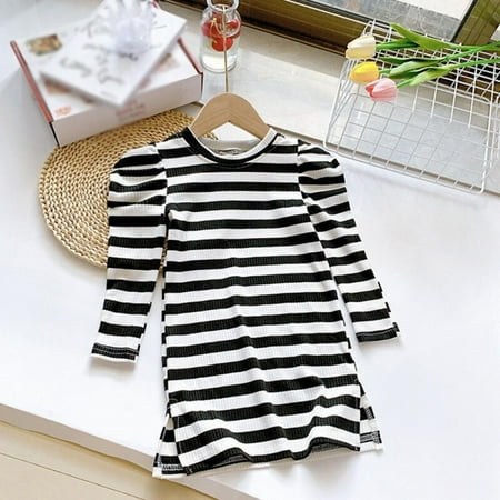 

Fantadool Dress For girls Knite Stripe T Shirts dress Children White Black Striped Toddler Dresses Long Sleeve Kids Clothing Fall