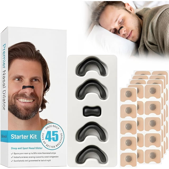 90 tiras nasales antironquidos,4 piezas dilatador nasal magnetico antirronquidos,alivia congestión,mejora respiración para dormir y reduce los ronquidos,ideal hogar/deportes/viajes(negro 45pcs) Vista frontal del kit con caja que muestra a un hombre usando el dilatador, bandeja con cuatro dilatadores nasales magnéticos negros en forma arqueada, varias tiras adhesivas color piel alineadas y fondo con hombre dormido; adecuado para llevar en viajes.