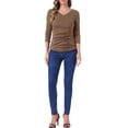 thumbnail image 3 of INSPIRE CHIC Women's Ruched Blouse Button Decor V Neck 3/4 Sleeve Solid Knit Top L Dark Khaki, 3 of 7