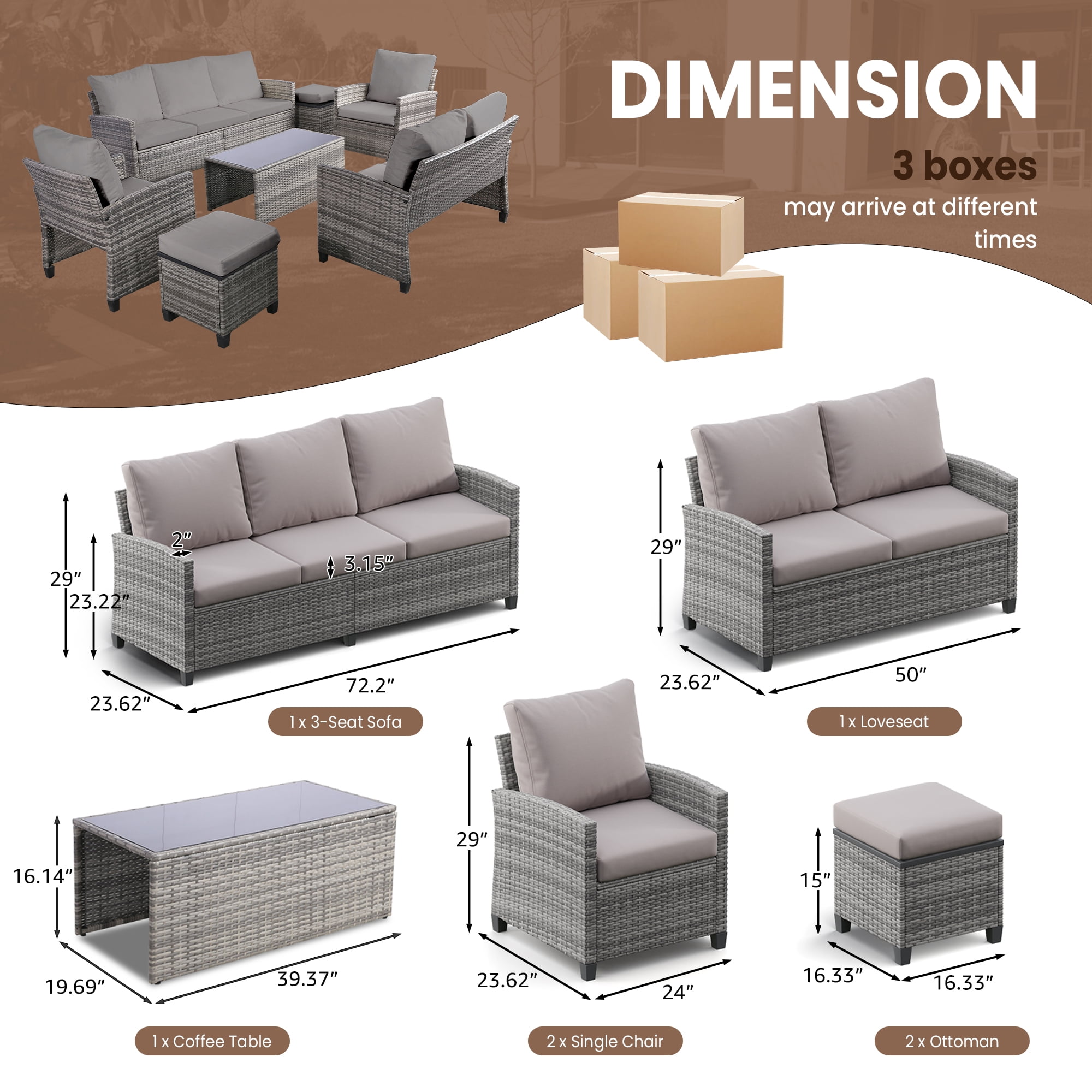 Outdoor Patio Furniture Sets Wicker Conversation Set PE Rattan Sectional Sofa Couch with Ottomans, and Coffee Table for Backyard, Porch and Garden(gray&gray)