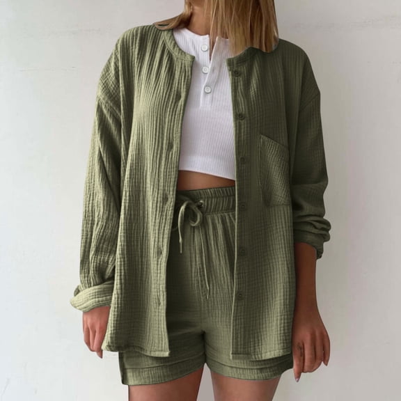Kinrui Linen Sets for Women 2 Piece Outfits Long Sleeve Button Down Shirts & Drawstring Gauze Shorts Army Green L