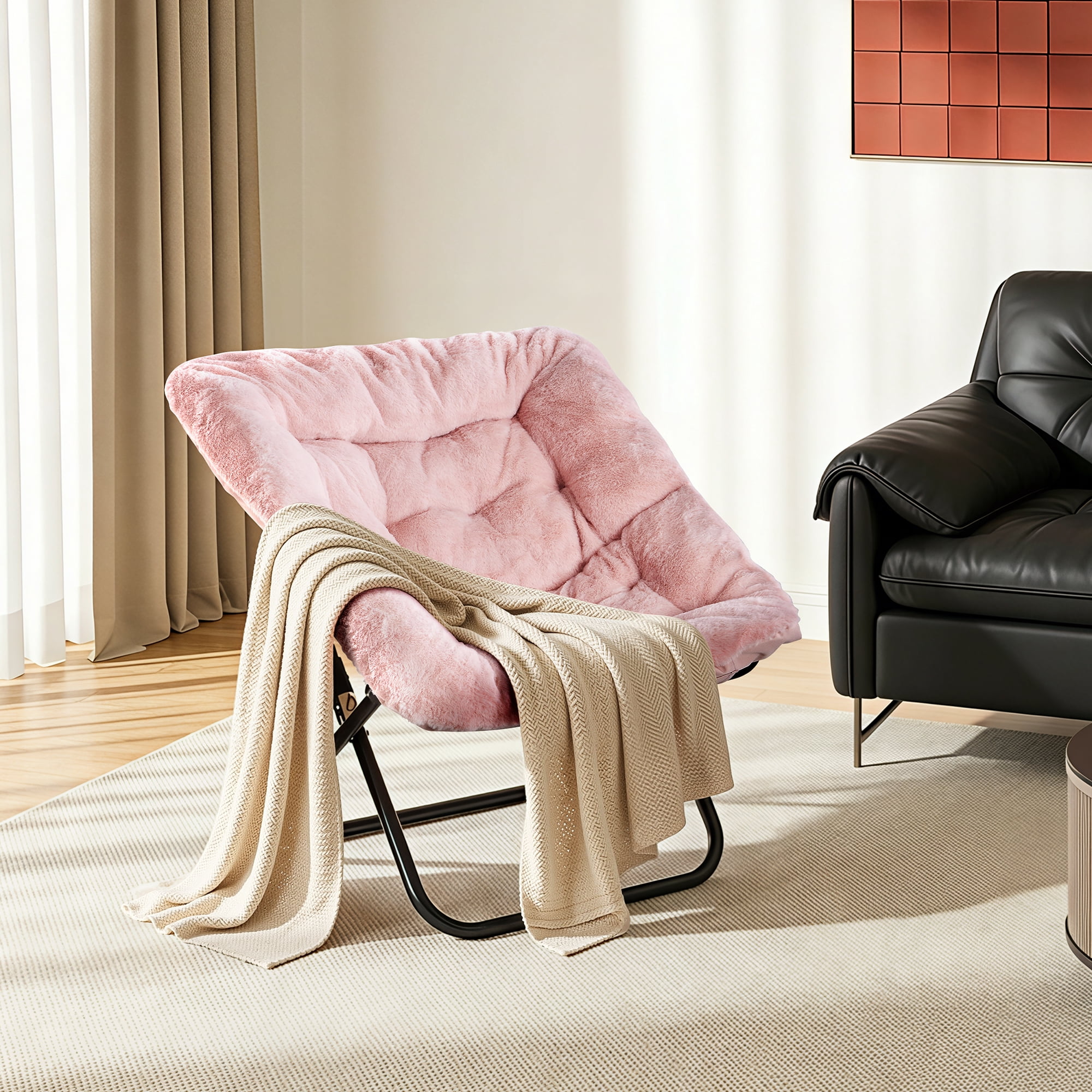 Simple Deluxe Oversized Square Moon Chair for Adults, Soft Faux Fur Folding Lounge Chair with Sturdy Steel Frame, Comfortable Reading Gaming Chair for Living Room, Bedroom, Pink