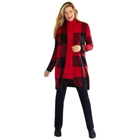 Woman Within Women's Plus Size Jacquard Open Front Duster Sweater Color: Classic Red Buffalo Size: 3X