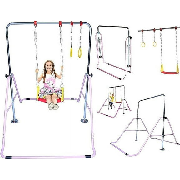 Kids' Expandable Folding Gymnastics Training Bar - 4-in-1 Set with Swing Seat, Rings, Adjustable Height - Pink