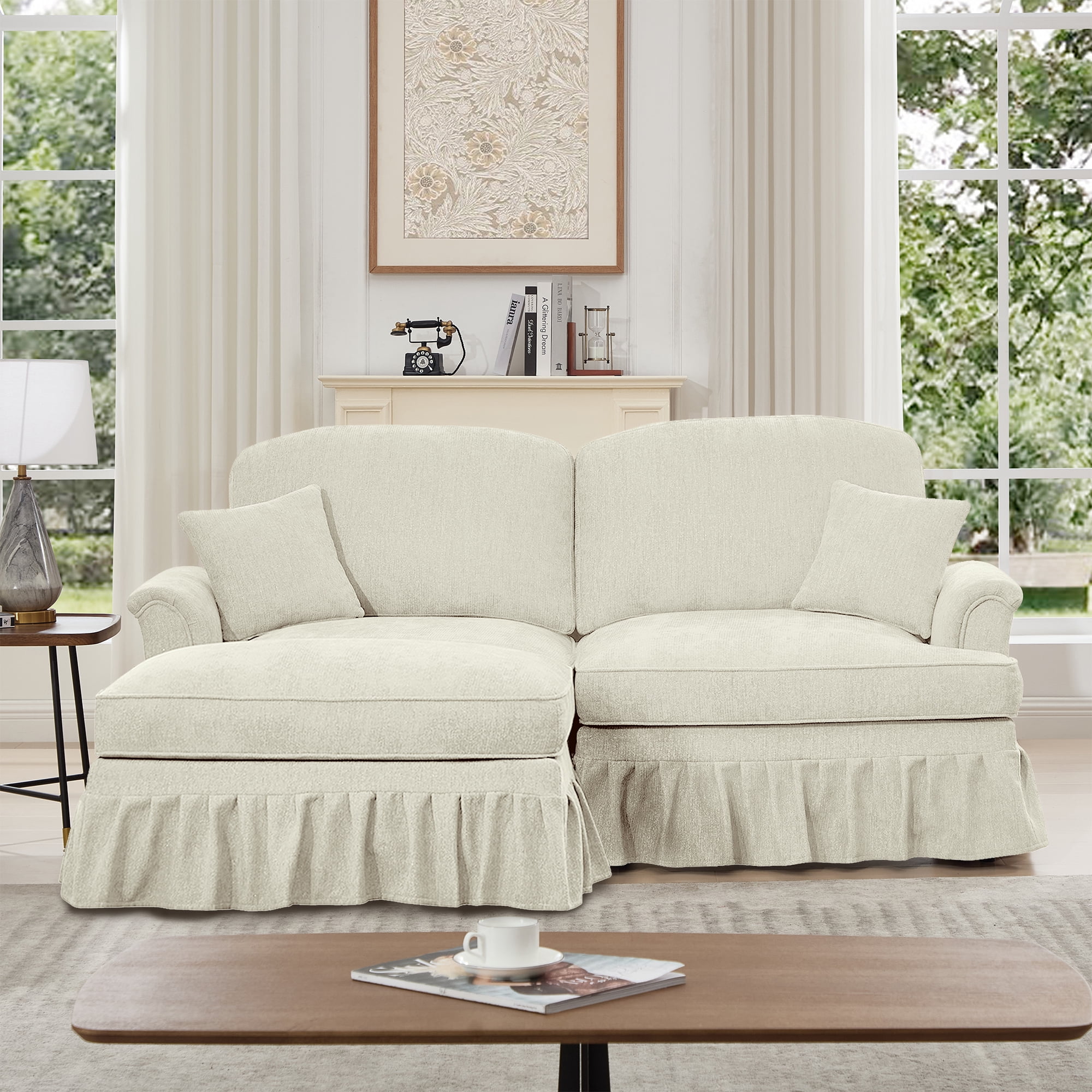 Newest Elegant Large Two Seater Modular L Shaped Sofa Couch, Flared Arms, Removable Ruffles Pleats Skirts, Spindle Legs,Comfy Chenille Loveseat Sofa, Movable Ottoman,Beige White