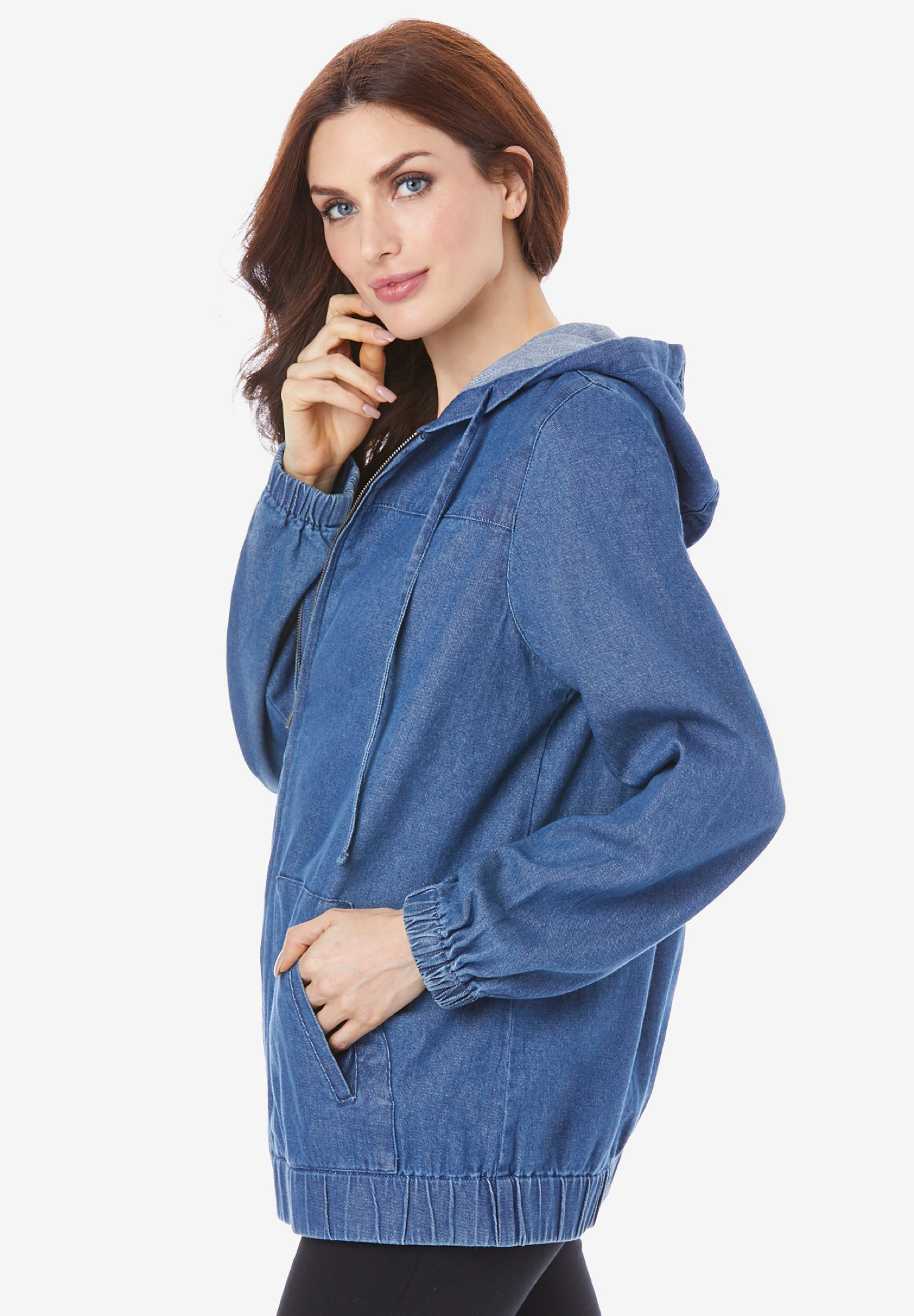 Roaman's Women's Plus Size Cotton Complete Zip-Up Hoodie Denim Jacket - image 4 of 5