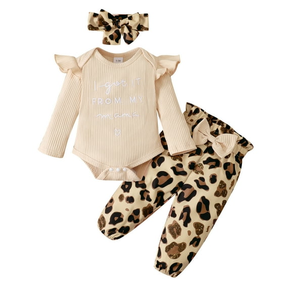 KIMI BEAR Infant Baby Girls Pant Sets Ruffle Long Sleeves Letter Print Romper Tops Leopard Pants with Headband Fall Outfit Sets Apricot 12-18 Months