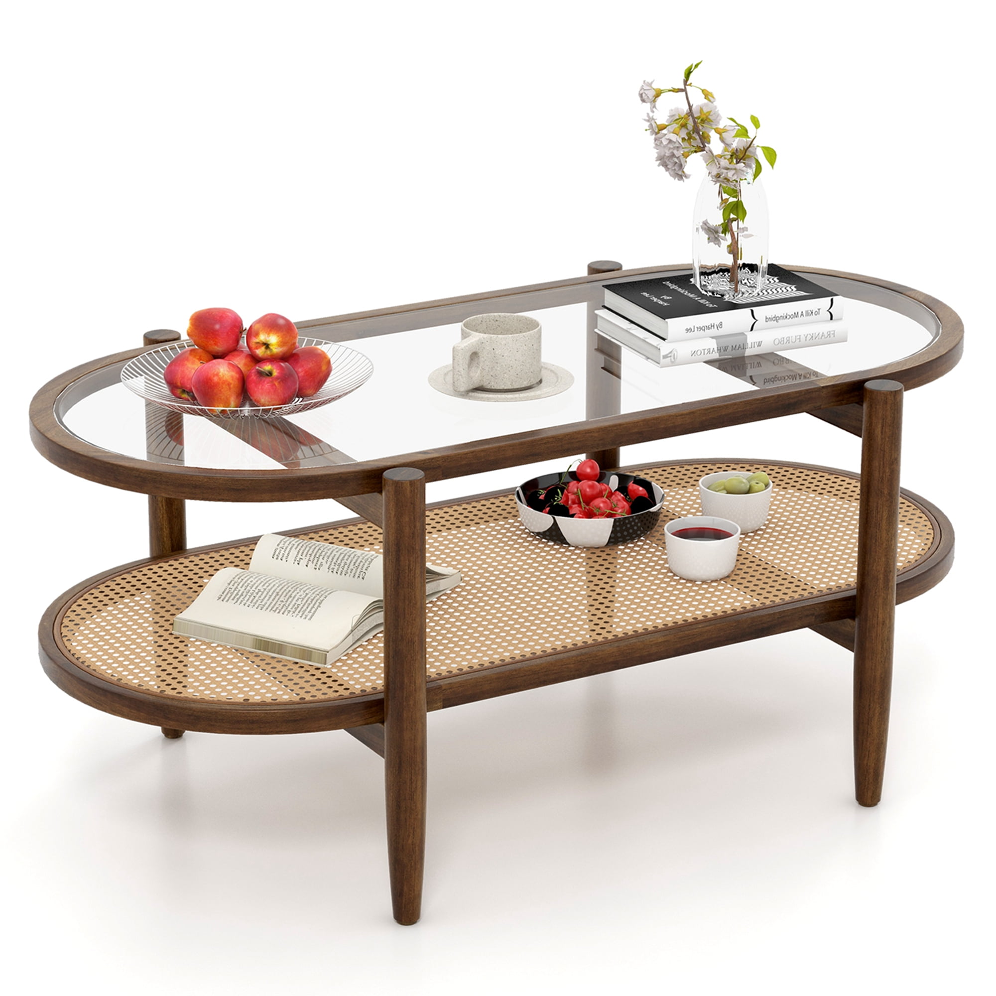 Costway 2-Tier Coffee Table Tempered Glass Top with PE Rattan Shelf & Acacia Wood Frame Brown
