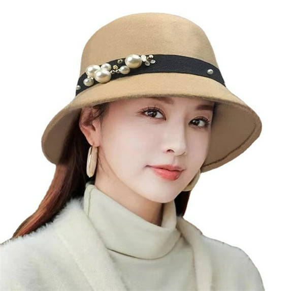 UDIYO Top Hat British Style Pearl Decor Down Brim Sunshading Round Top Decorate Retro Vintage Women Cloche Hat for Church