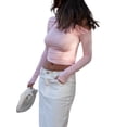 thumbnail image 2 of Fortune Women Basic Slim T-Shirts Solid Long Sleeve Ruched Off Shoulder Crop Top, 2 of 7