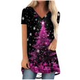 thumbnail image 1 of Camiseta Impresa con Cuello en V de Manga de Raglan de la Parte Trasera Larga Delantera Corta de las Mujeres de Navidad, Vacaciones Informales, 1 of 7