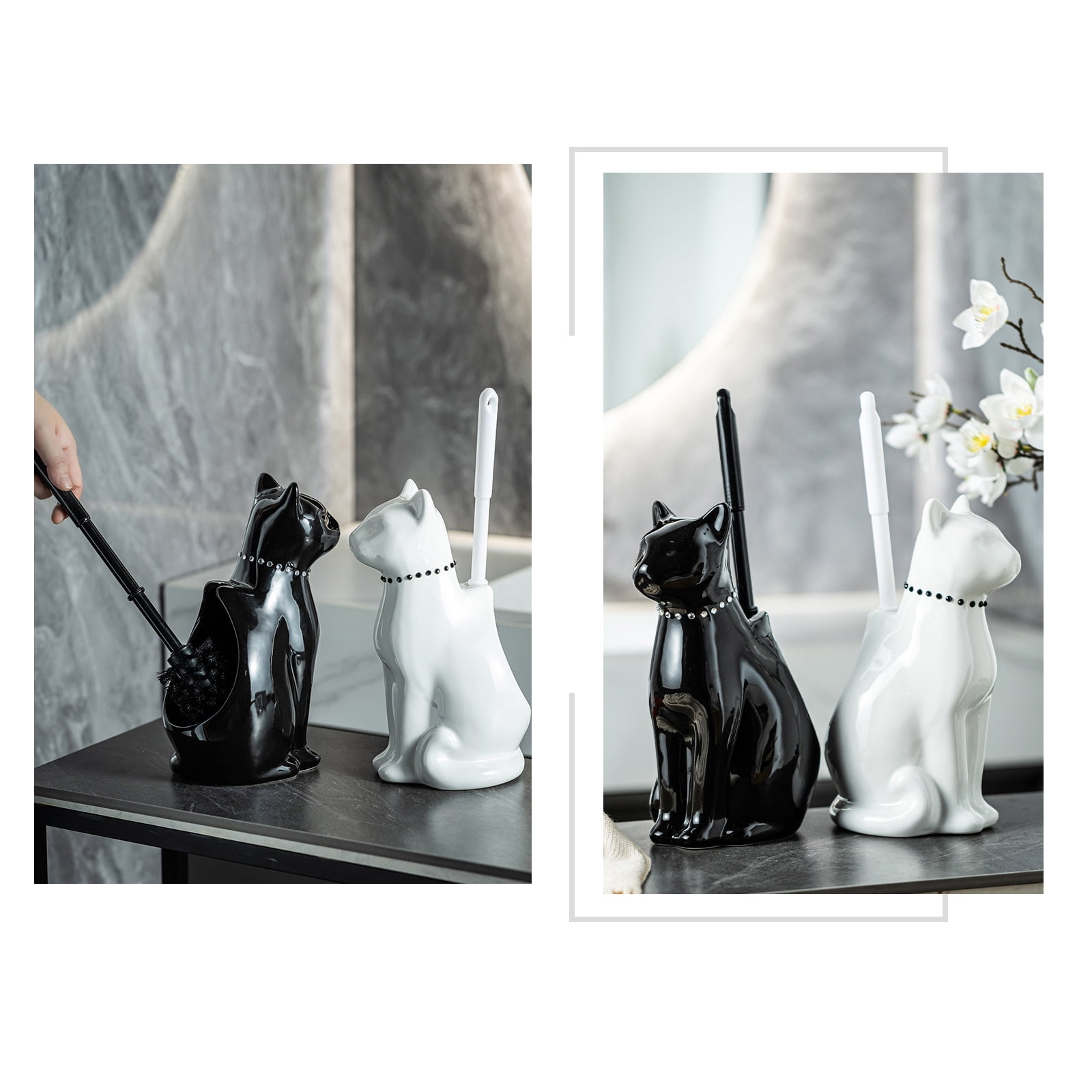 2. Ceramic Cats Base Toilet Bowl Brush & Holder, Soft Bristles Freestanding Brush for Bathroom