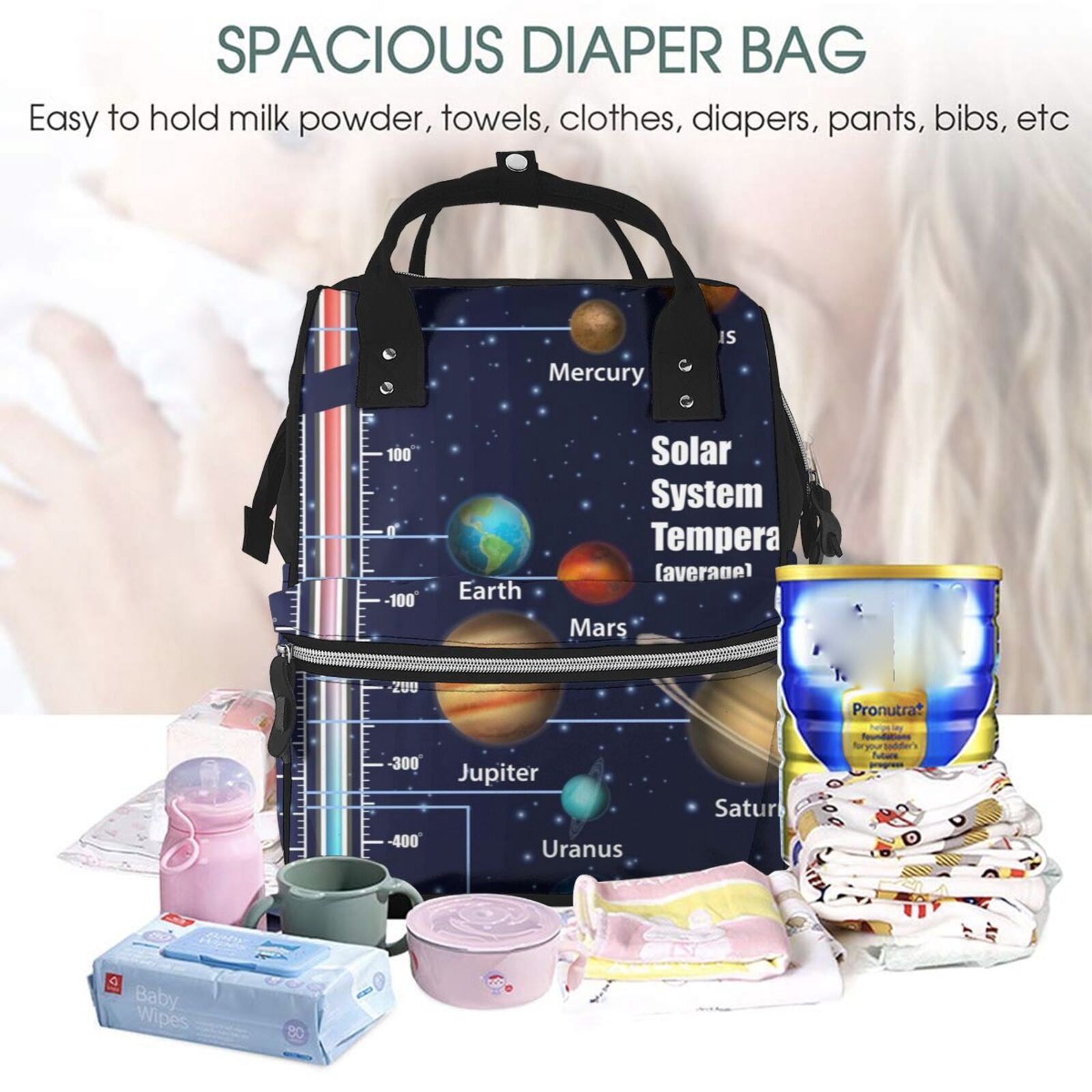 Ratiio Solar System Mummy Backpack - Waterproof Twill Canvas, Large Capacity Diaper Bag with Multiple Pockets and Adjustable Straps