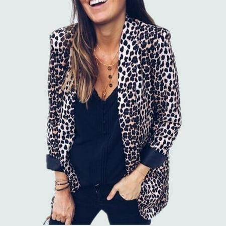 - Fashion Women Slim OL Suit Casual Blazer Leopard Jacket Long Sleeve Coat Outwear
