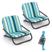 Beach Chair, 2 Pack 300LBS Low Beach Chair with Shoulder Strap, Removable Cushion & Aluminum Frame, Folding Reclining Beach Lounge, Heavy Duty Portable for Adults (1, Blue Stripe)