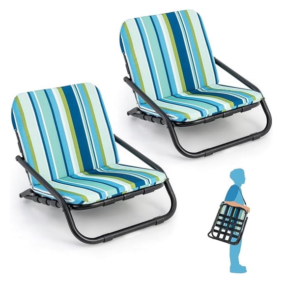 Beach Chair, 2 Pack 300LBS Low Beach Chair with Shoulder Strap, Removable Cushion & Aluminum Frame, Folding Reclining Beach Lounge, Heavy Duty Portable for Adults (1, Blue Stripe)