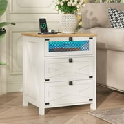 Farmhouse Nightstand with Charging Station and LED Lights, White Night Stand/Bedside Table with 3 Drawers, End Side Table for Bedroom Living Room