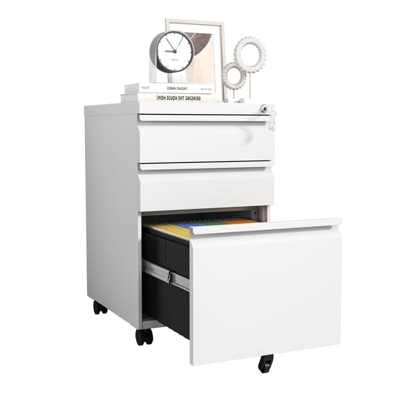 IKIMI 3 Drawer Metal Mobile File Cabinet Under Desk Vertical File Cabinet with Lock on Wheels Office Rolling Storage Cabinets for Legal/Letter/A4 File Fully Assembled