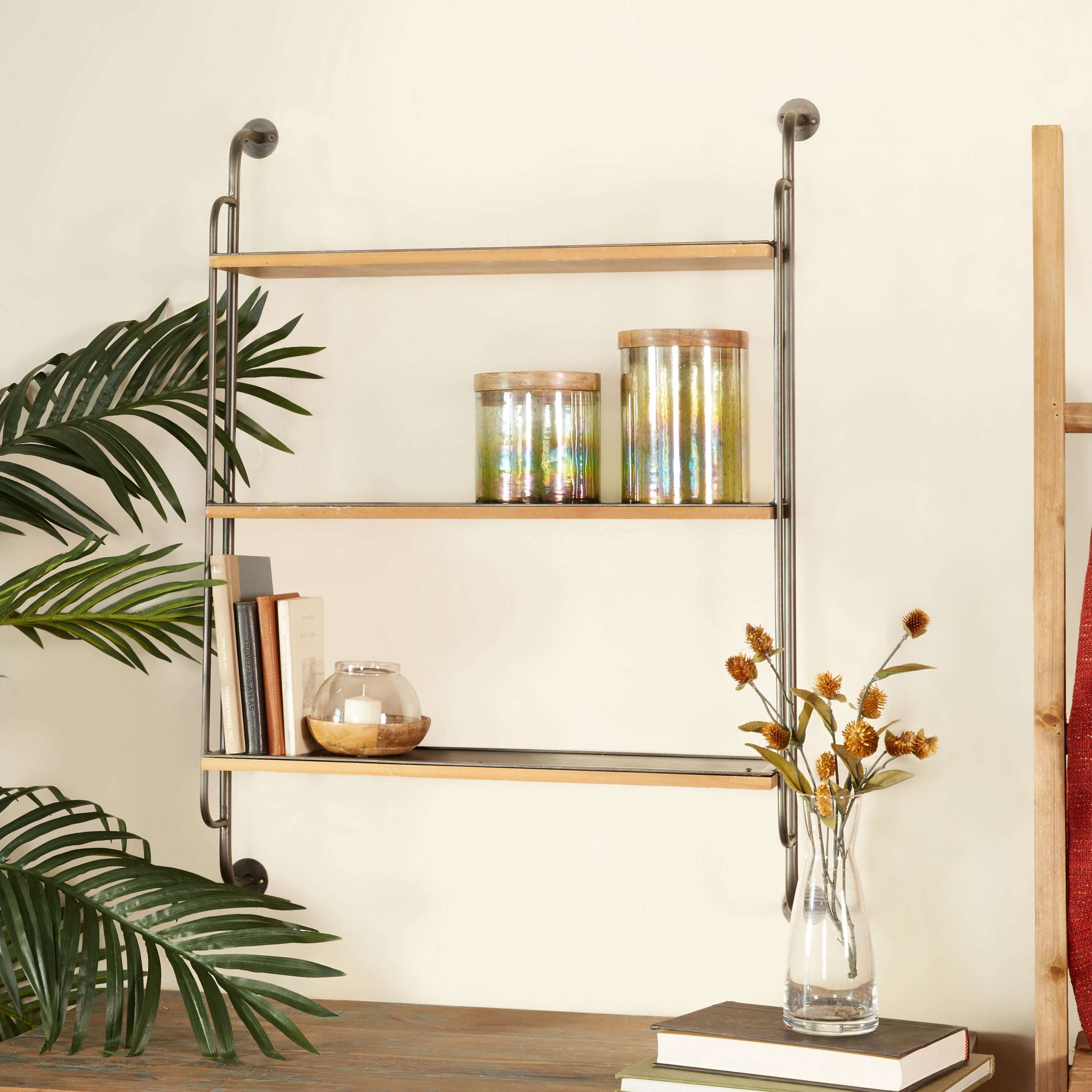 DecMode 7"W, 33"H Metal Industrial Wall Shelf, Brown, 1-Piece