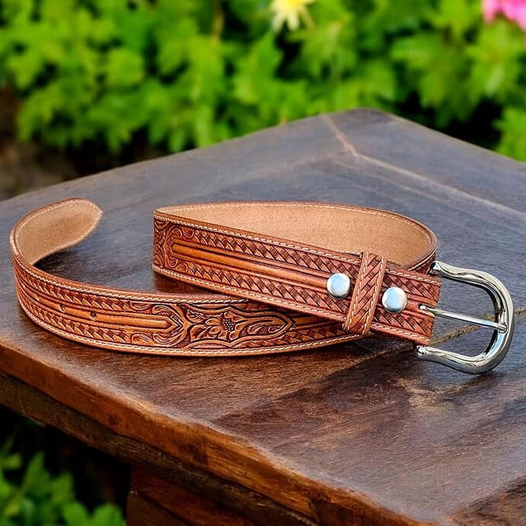 Western Leather Belt for Men Tooled Cowboy Handmade Belt  display picture 2