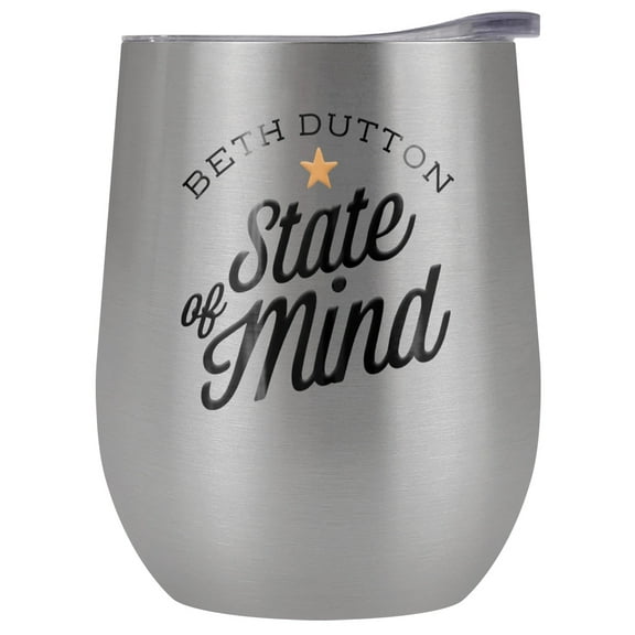 Yellowstone Official Beth Dutton State Of Mind 12 OZ White Silver Stemless Wine Tumbler, Stainless Steel Travel Cup|Lake Tumbler|Insulated with Leak Resistant Slide-Lock Lid