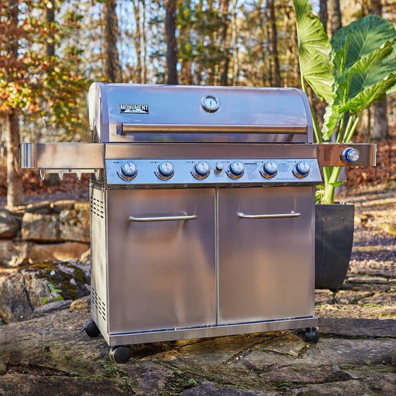 Monument Grills 6 1 Burner Propane Gas Grill  84,000 BTU Stainless Steel Outdoor Patio Barbecue Grill  LED Controls , Free Rotisserie Kit , and Easy Cleanup , 77352