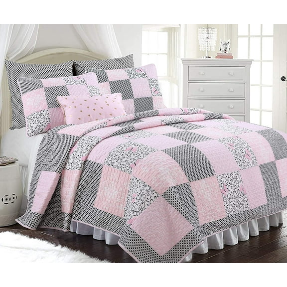 Cozy Line Home Fashions Emerson Pink Butterfly Patchwork Reversible Cotton Quilt Bedding Set, Twin 2-Piece