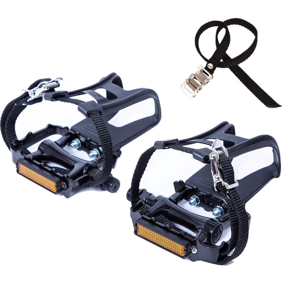 YBEKI Bike Pedals with Clips and Straps, for Exercise Bike, Spin Bike and Outdoor Bicycles, 9/16-Inch Spindle Resin/Alloy Bicycle Pedals, Half Year Warranty (Black)