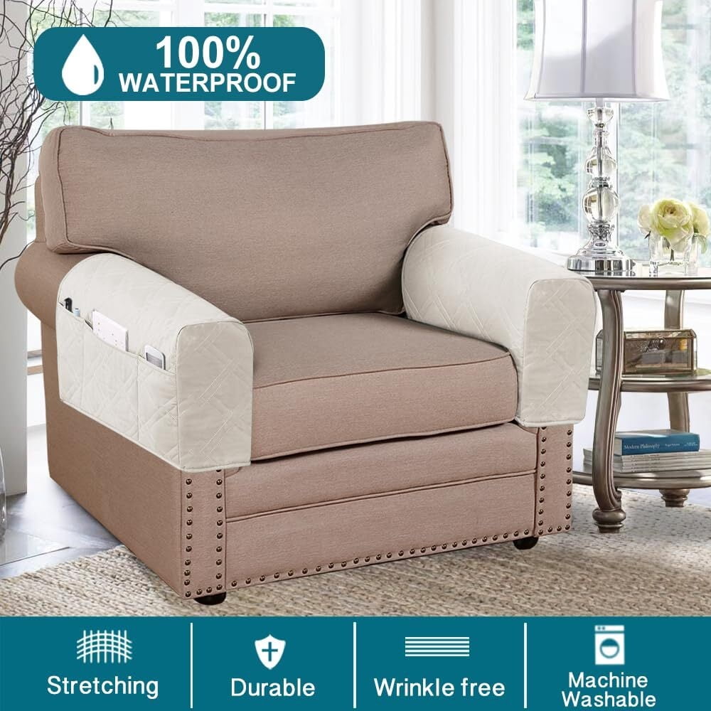 2 Pack Waterproof Armrest Covers for Chairs and Sofas Couch Arm Covers for Sofa Armrest Covers with Side Pocket Anti-Slip Furniture Protector Washable Armrest Slipcovers Set of 2