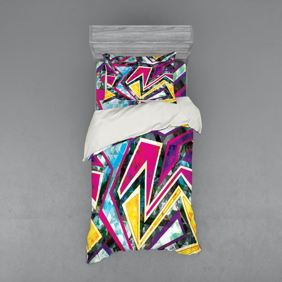 Ambesonne Abstract Bedding Set 3 Pcs, Geometric Diamond, Twin, Pink Yellow Green
