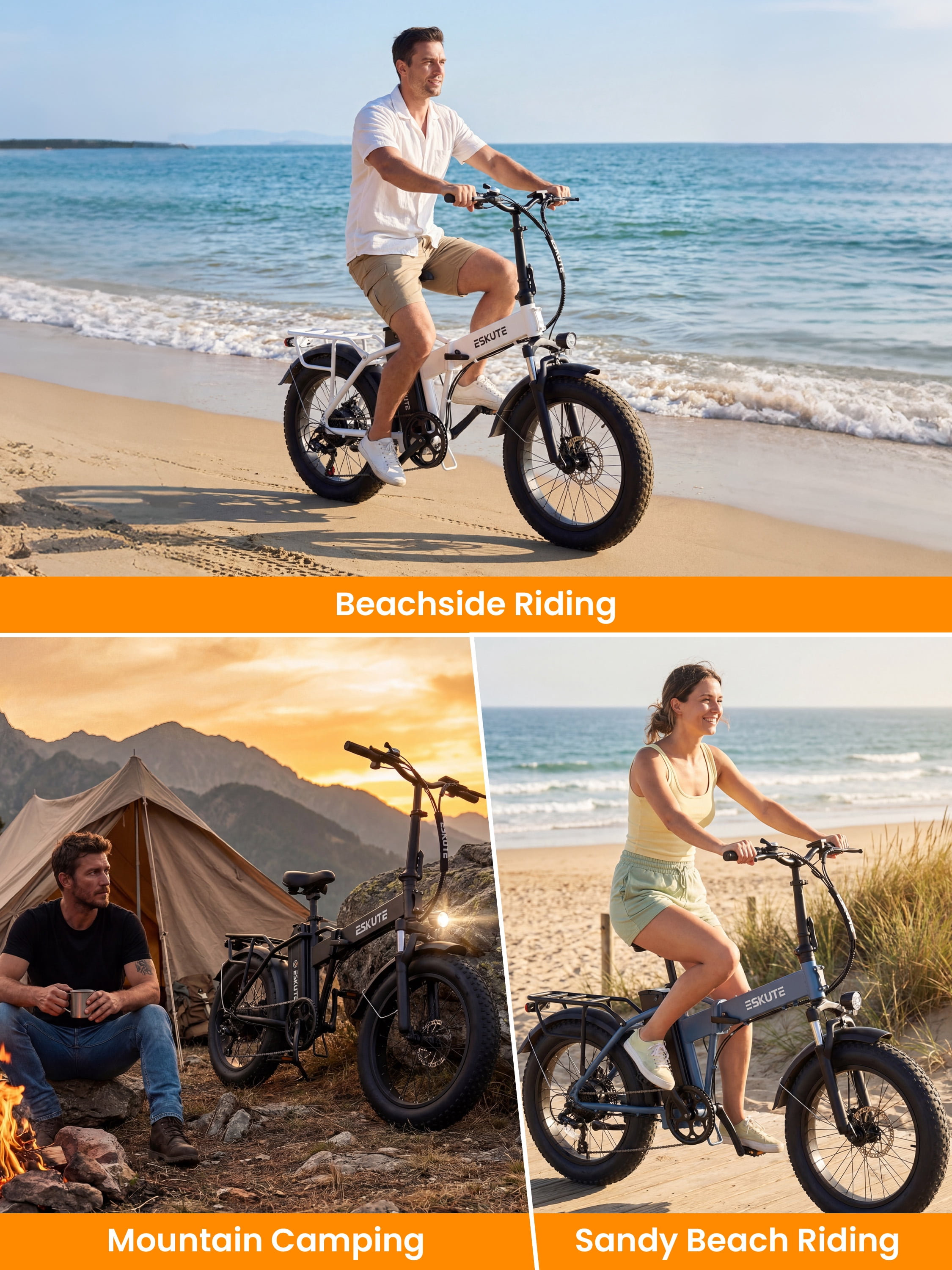 ESKUTE D300 Electric Bike for Adults, Folding Ebike with 1200W Peak Motor 28MPH, 48V 20.8Ah Removable Battery, 20"x4.0" Fat Tires, 80 Miles 7-Speed Gear, NFC Unlock,Black with Phonebag & Lock, UL2849